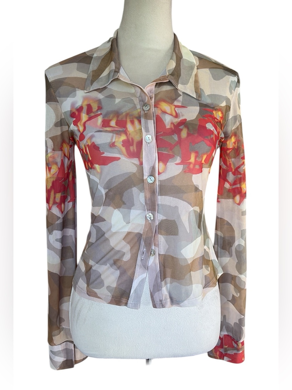 Ağolde Y2K vintage Mesh Camo and Flames Button-Front Blouse in Beige and Red